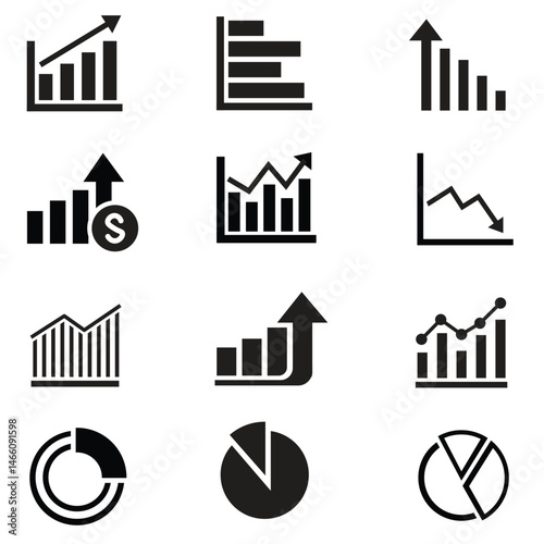 Growing bar 12 icon set. Business graphs and charts icons. Statistics and analytics vector icon. Statistic and data, charts diagrams, money, down or up arrow.