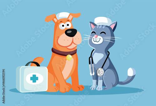 Pets with Veterinary Medical Kit Vector Illustration. Mascots of a vet hospital standing next to each other
