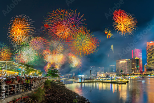 Saigon Fireworks Independence celebration with fireworks skyward colors to celebrate 50 years of reunification Vietnam	