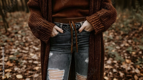 Autumn Fashion Woman in Brown Knit Cardigan Distressed Jeans Leather Belt