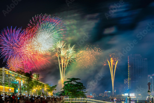 Saigon Fireworks Independence celebration with fireworks skyward colors to celebrate 50 years of reunification Vietnam	