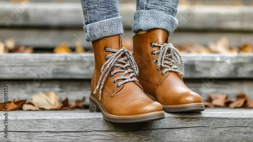 Stylish Tan Leather Boots with Grey Laces on Wooden Steps Autumn Fashion