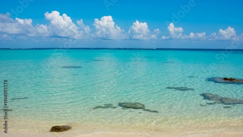 Tropical beach panoramas, seascapes with vast horizons. seamless looping 4k time-lapse animation video background, crystal clear turquoise waters, tranquil azure horizon, 