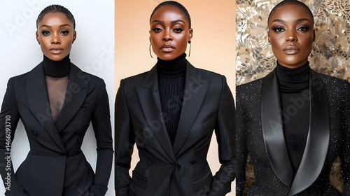 Stylish Black Blazer Suits Three African Women in Elegant Formal Wear