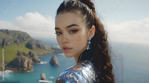 Stunning Brunette Woman with Long Hair Posing by Ocean Dramatic Coastal View