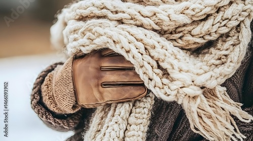 Cozy Winter Fashion Close up of Hands in Leather Gloves and Chunky Knit Scarf