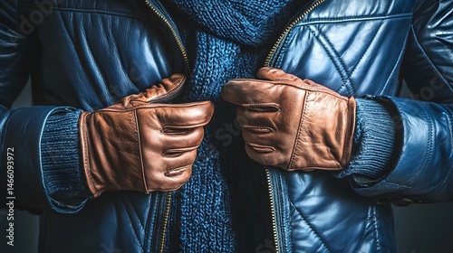 Stylish Man s Leather Jacket Brown Gloves and Blue Knit Scarf Winter Fashion Detail