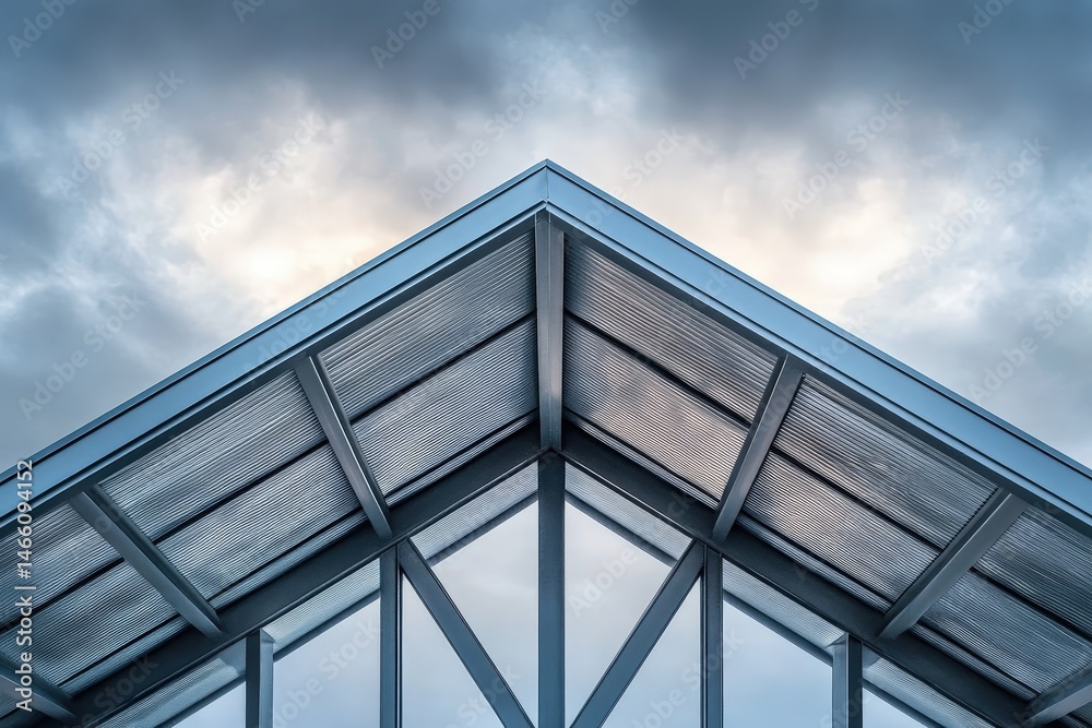 A modern roof's apex against a cloudy sky. A modern roof's apex against a cloudy sky.