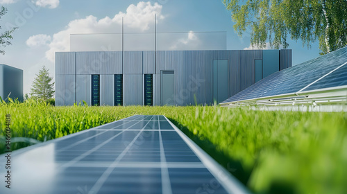 Wallpaper Mural Solar panels in a grassy field with a modern building in the background. Torontodigital.ca