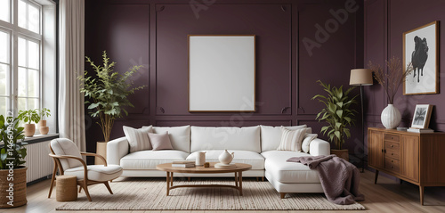 Nordic-inspired space with rich plum walls  a white boucle sectional  and vintage wood furnishings. Natural textures  plants  and soft lighting add balance and elegance.