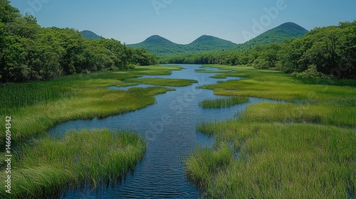 Serene lake and lush forest landscape photo