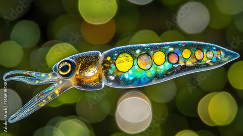 Chromatophore Squid Closeup: A vibrant, translucent squid with iridescent chromatophores, showcasing its intricate details and unique coloration against a bokeh background.