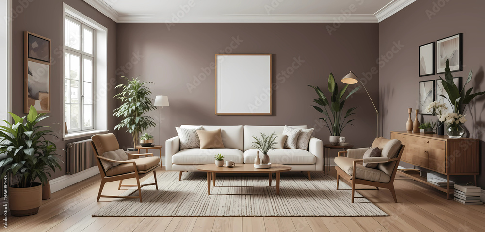 Fototapeta premium Scandinavian living room with smoky mauve walls, a soft ivory sofa, and classic mid-century furniture. Light oak floors, textured rugs, and indoor plants bring a refined warmth.