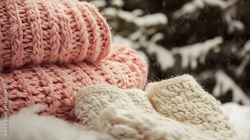 Cozy Winter Knitwear Pink and Cream Cable Knit Sweaters in Snowy Landscape