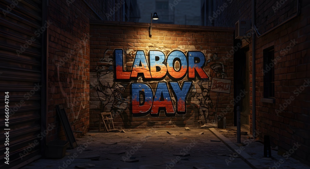 Naklejka premium Labor Day Graffiti Art on Urban Brick Wall
