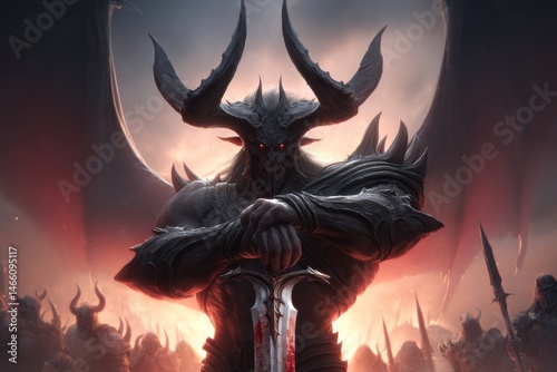 Obraz na płótnie Dark, formidable demon lord, wielding a bloody blade. w salonie