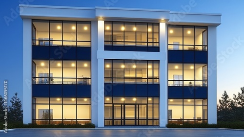Illuminated contemporary office building facade at dusk showcases architectural brilliance and modern design concept in urban architecture