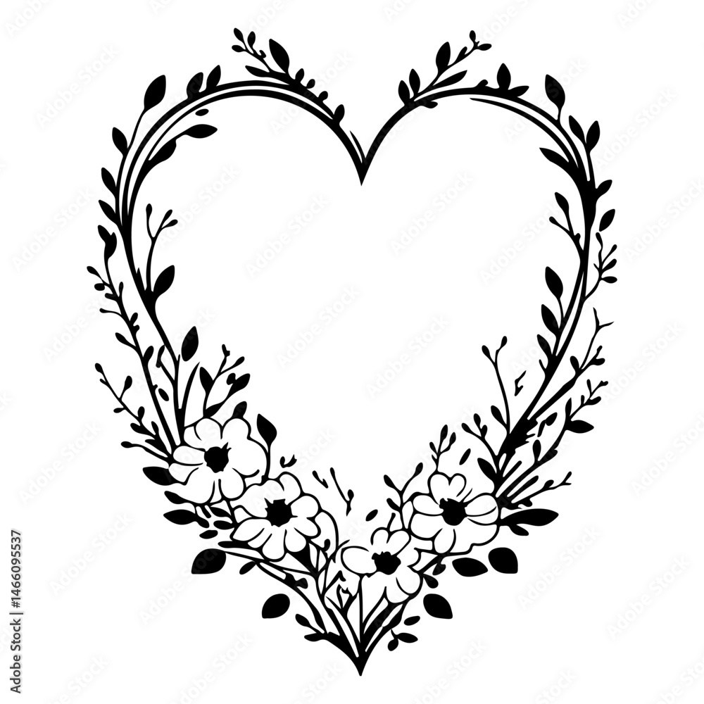 Obraz premium Botanical Heart Frame with Delicate Twigs and Flowers, Vector Illustration