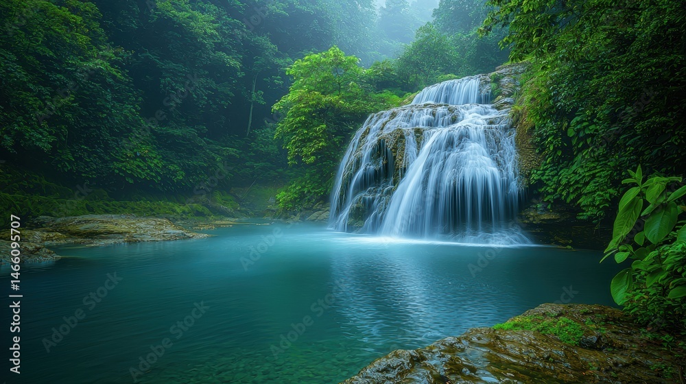 Fototapeta premium Stunning waterfall plunging into a deep pool surrounded by vibrant green forest foliage