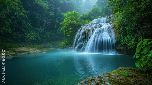 Stunning waterfall plunging into a deep pool surrounded by vibrant green forest foliage