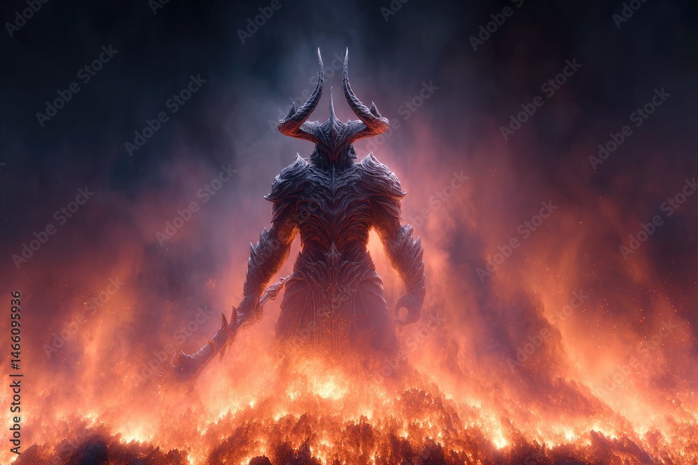 Powerful creature standing amidst fiery landscape.