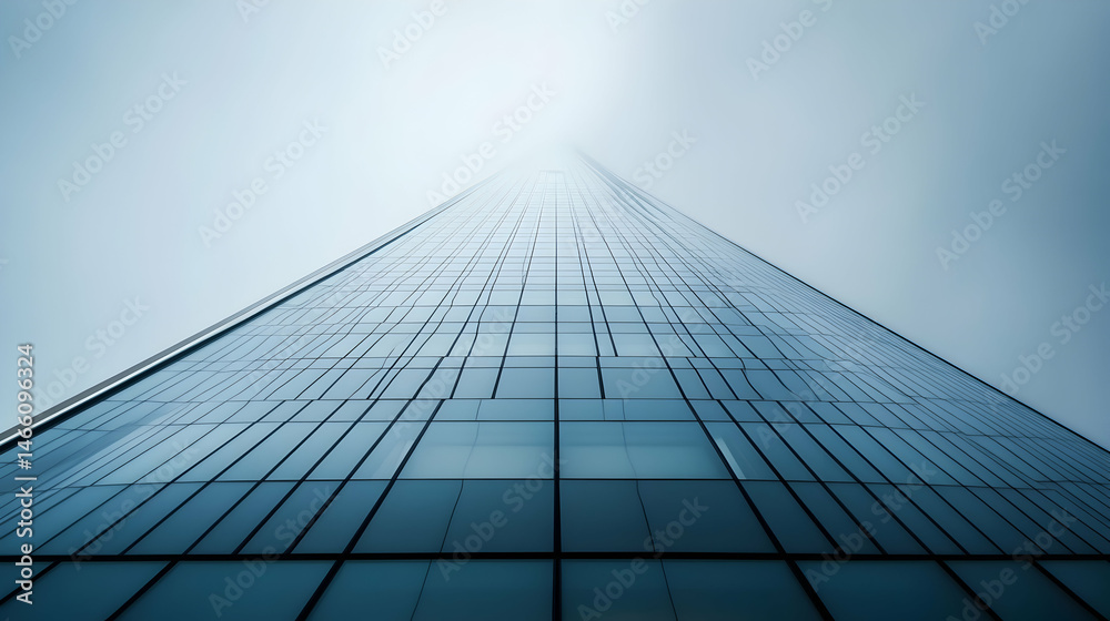 Fototapeta premium Tall skyscraper viewed from below against a hazy sky. Modern architecture.