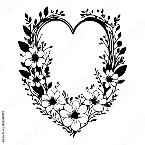 Floral Heart Frame: A Charming Botanical Wreath for Romantic Designs and Invitations