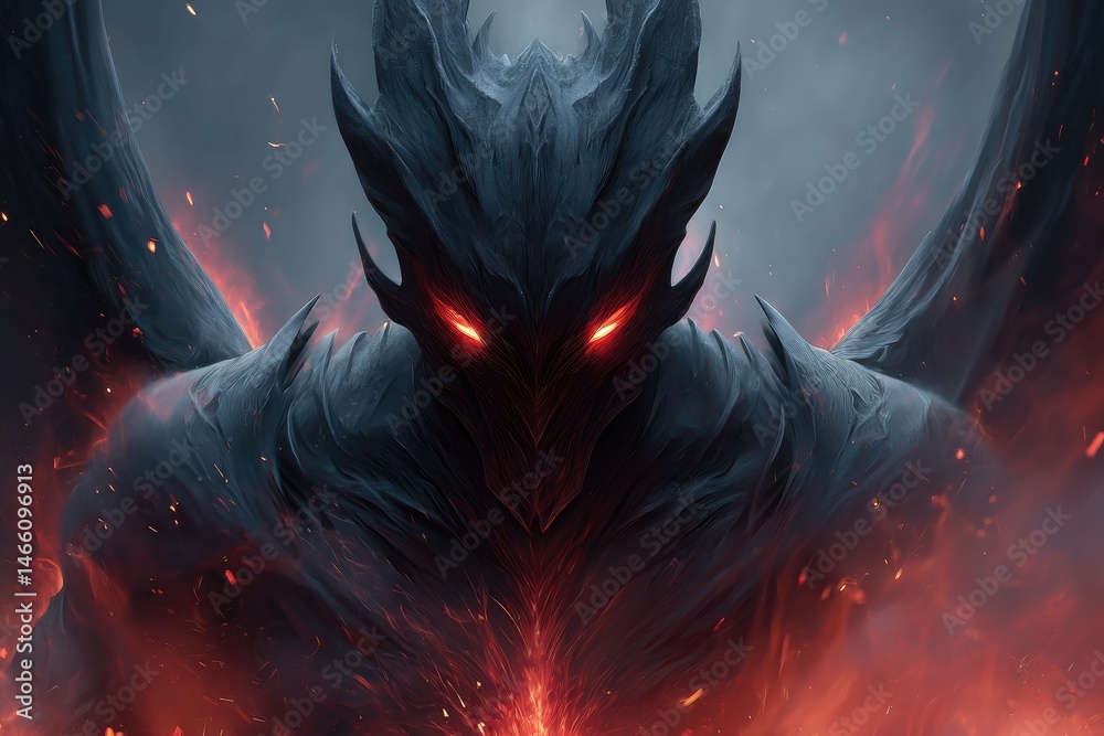 Dark creature with fiery aura, close-up digital artwork.