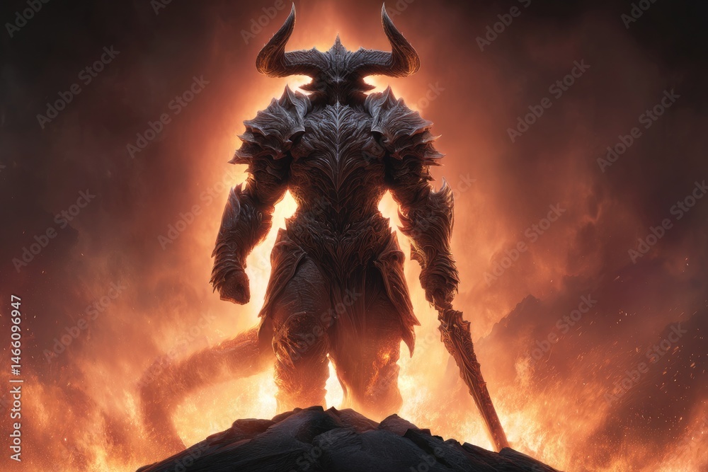 Powerful, armored creature stands amidst fiery flames.