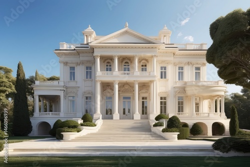 A grand yellow mansion featuring a spacious porch and stone foundation. photo