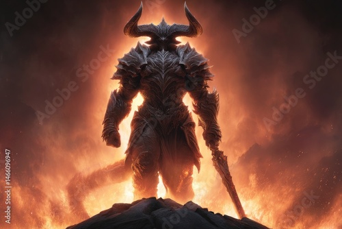 Obraz na płótnie Powerful, armored creature stands amidst fiery flames. w salonie