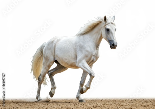 Elegant white horse galloping on a sandy ground with a bright white background in a studio