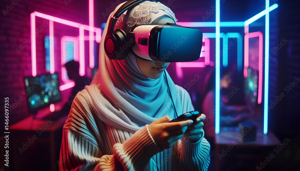 Obraz premium A woman wearing VR goggles, standing in a room, fully absorbed in a virtual world, surrounded by neon lights.