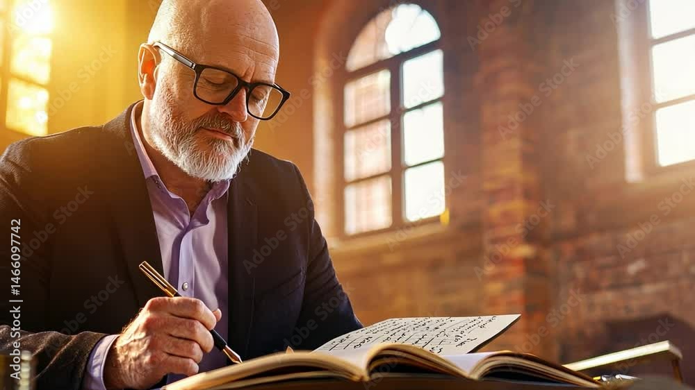 A composer in a dimly lit room, writing sheet music with a fountain pen, lost in thought while crafting a new symphony.