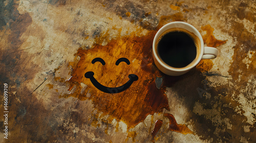 Obraz na płótnie Overhead view of spilled coffee cup on tabletop with liquid forming perfect smiley face, blending accident art humorous and heartwarming morning moment captured in natural light w salonie