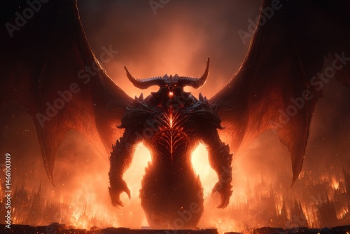 Obraz na płótnie Fiery demonic entity dominates the scene of infernal flames. w salonie