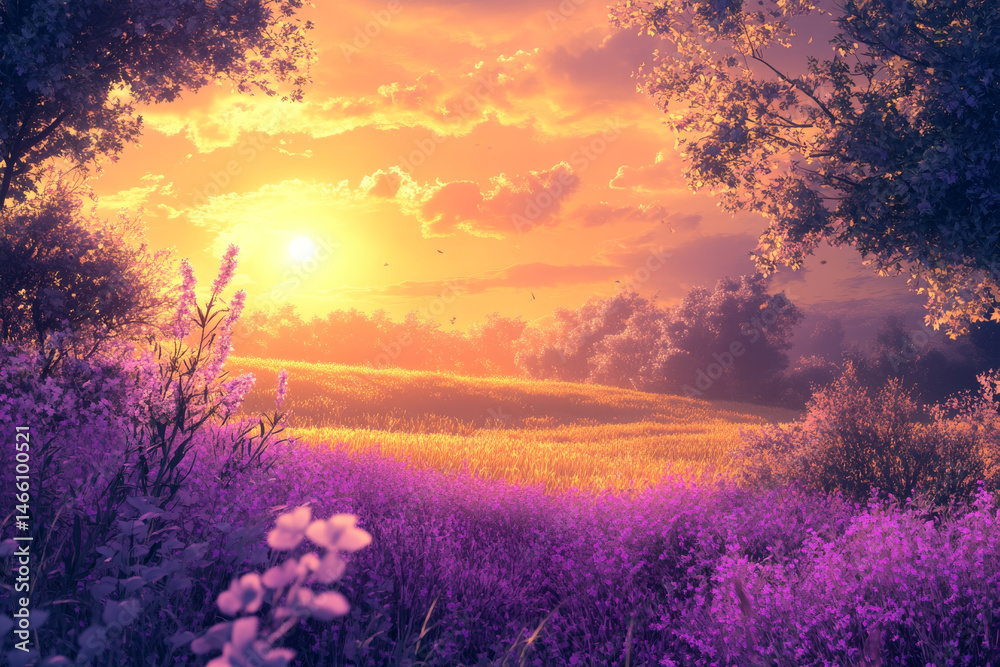 beautiful sunrise over meadow with vibrant purple flowers, casting warm glow across landscape, creating serene and peaceful atmosphere beautiful sunrise over meadow with vibrant purple flowers, casting warm glow across landscape, creating serene and peaceful atmosphere