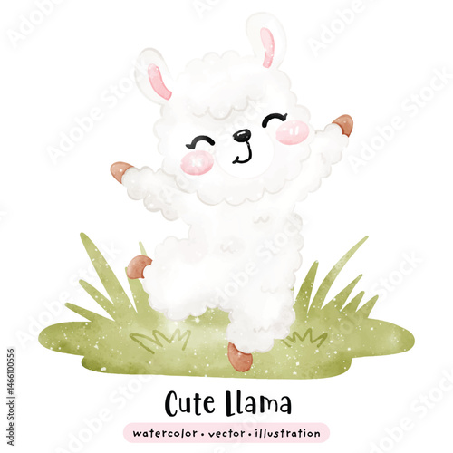 Cute Llama kawaii alpaca in watercolor style vector illustration
