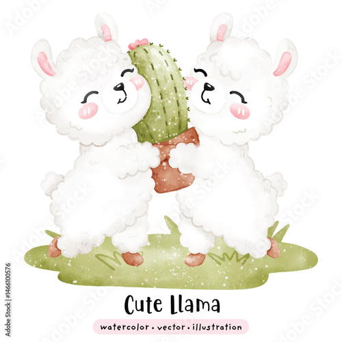 Cute Llama kawaii alpaca in watercolor style vector illustration