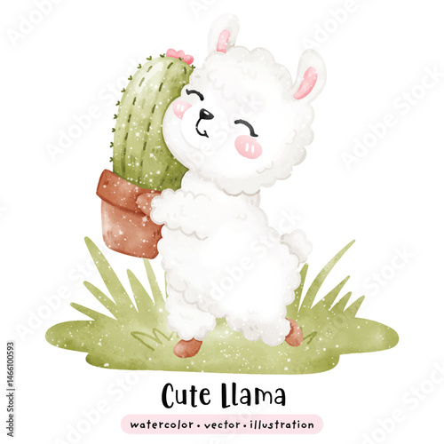 Cute Llama kawaii alpaca in watercolor style vector illustration