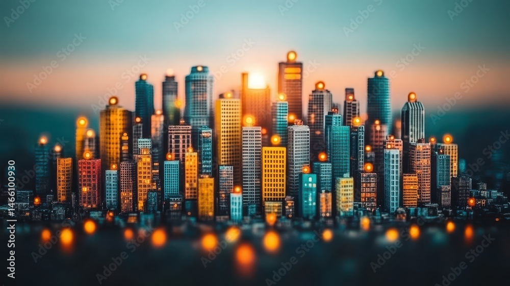 Fototapeta premium Modern cityscape panorama at dusk captivating urban skyline with vibrant buildings and soft sunset glow reflecting off architectural marvels