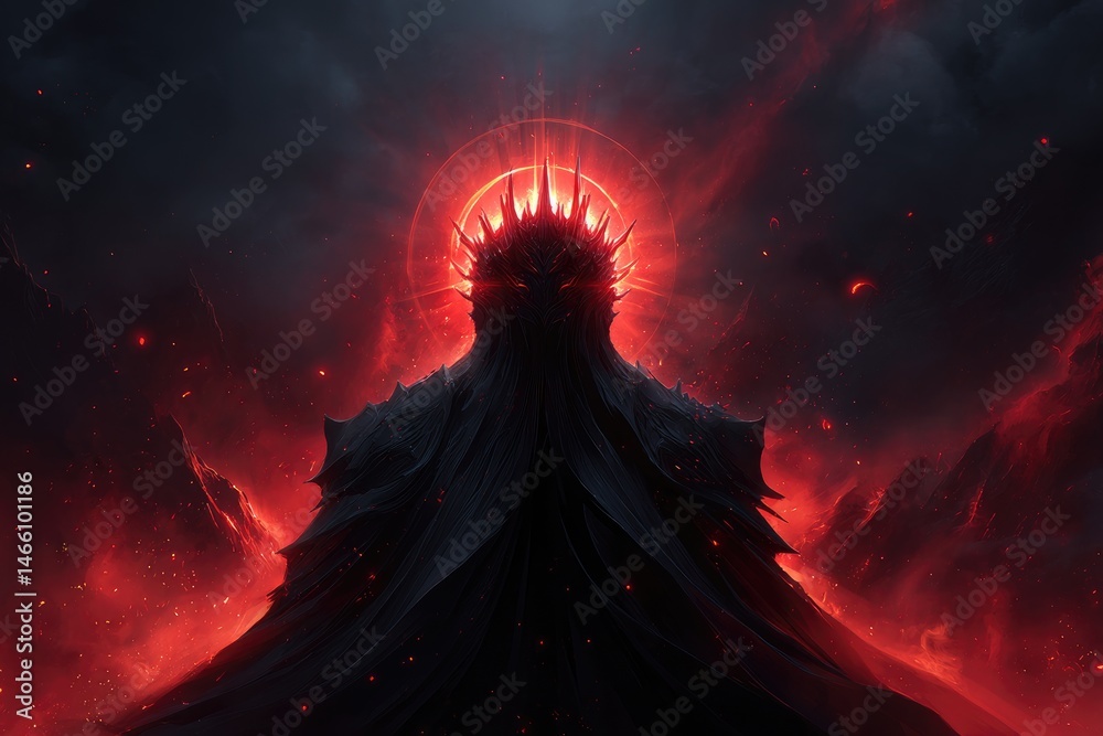 Dark, ominous figure bathed in fiery red light.