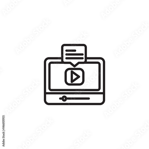 A laptop screen displaying a play button and a speech bubble with text, representing online video content with subtitles or comments.