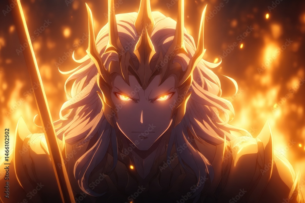 Fiery figure with a golden crown and glowing eyes.