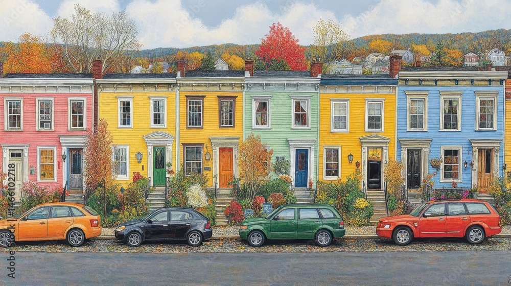 Obraz premium Artistic vibrant row houses under fall foliage artistic rendering of residential buildings showing urban neighborhood lifestyle