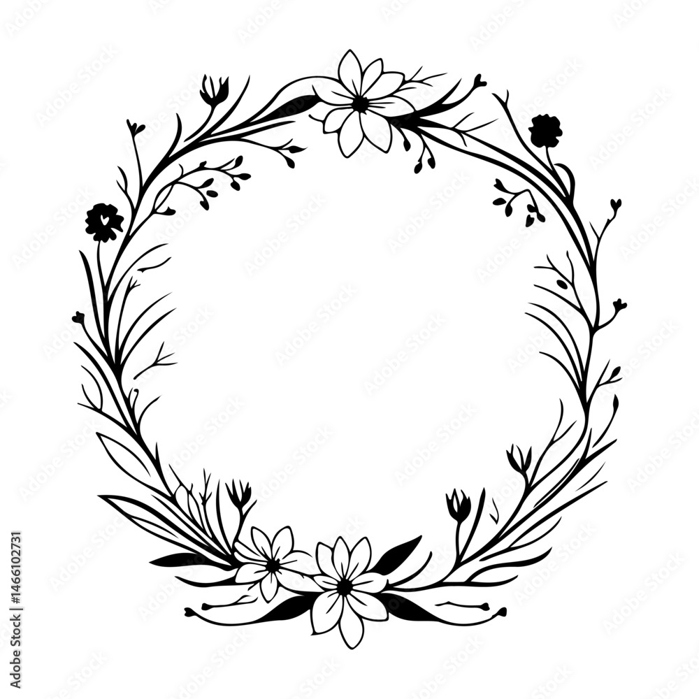 Elegant floral wreath frame in black and white for invitations and design Elegant floral wreath frame in black and white for invitations and design