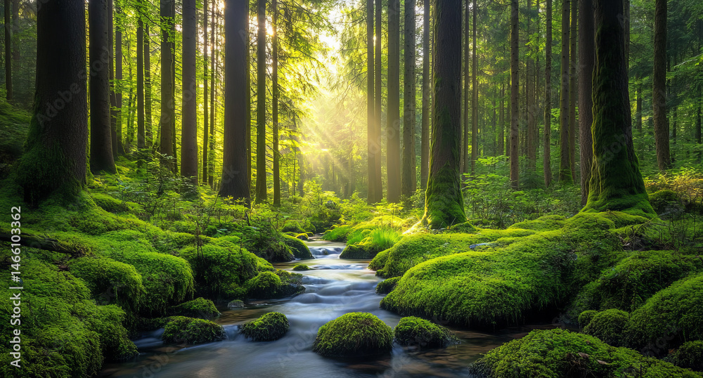 Obraz premium serene forest scene with tall trees, vibrant green moss, and gentle stream flowing through landscape creates peaceful atmosphere. sunlight filters through leaves, enhancing natural beauty