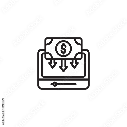 A dollar bill ($) above a laptop screen with downward arrows, representing online payment, money transfer, or digital transactions.