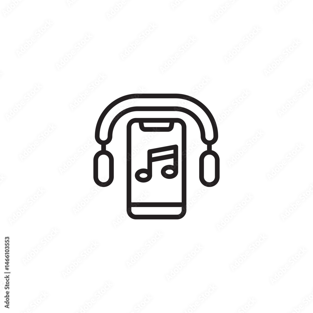 A smartphone displaying a musical note with headphones around it, illustrating listening to music or audio on a mobile device with earphones.