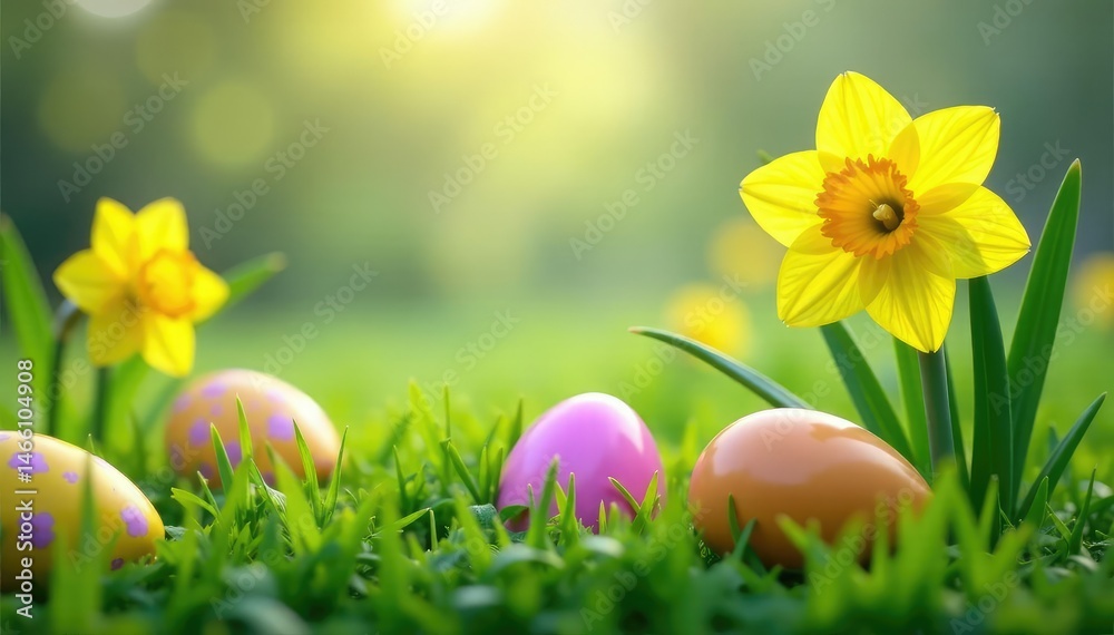 Fototapeta premium Yellow daffodils scattered amongst colorful Easter eggs hidden in spring grass , easter eggs hunt, egg hunt